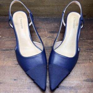 C. Paravano Pointed Toe Slingback Pumps, Navy Blue, Kitten  Heel
